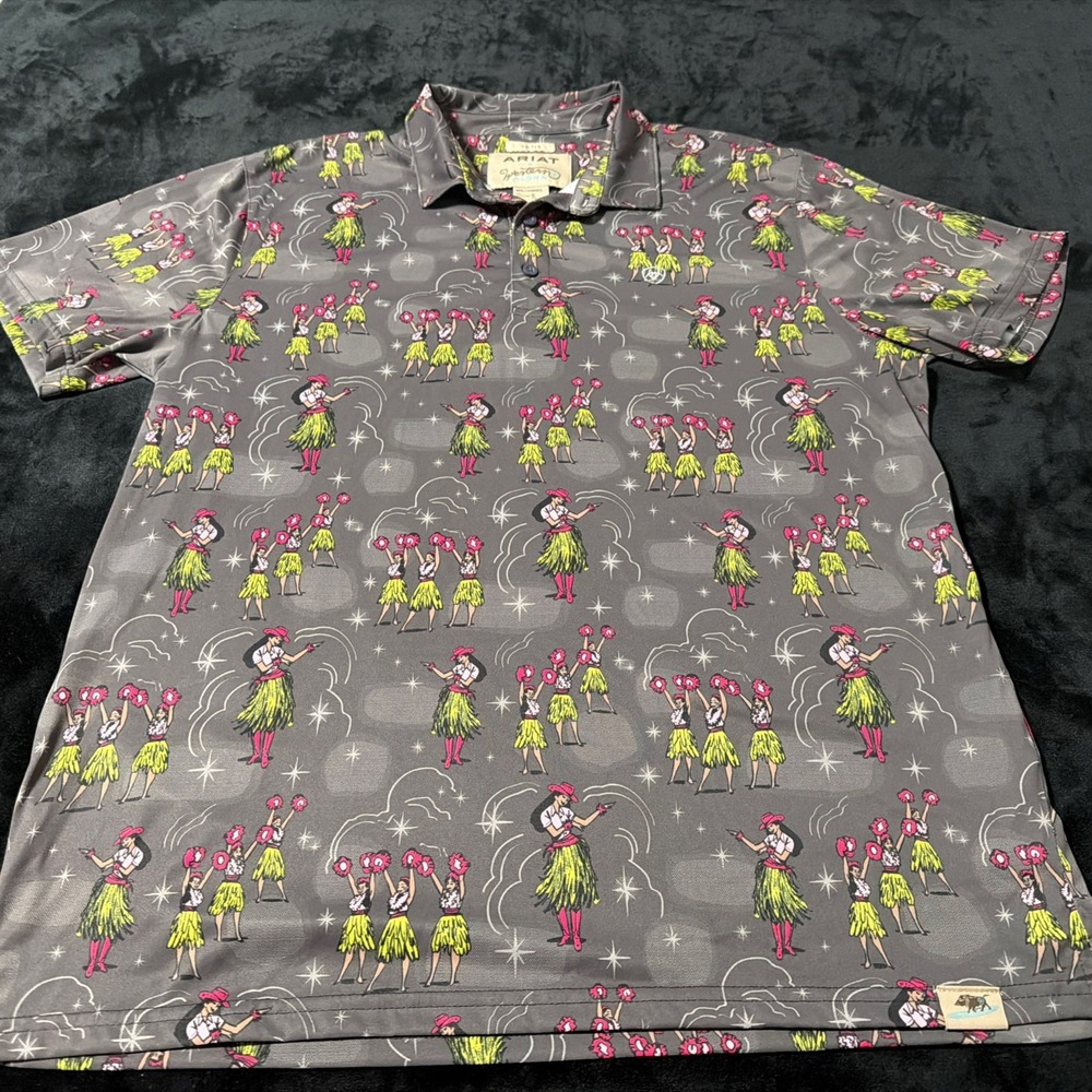 Ariat x Western Aloha Polo Men's XL Fitted Hula Girls Shirt Gray Performance